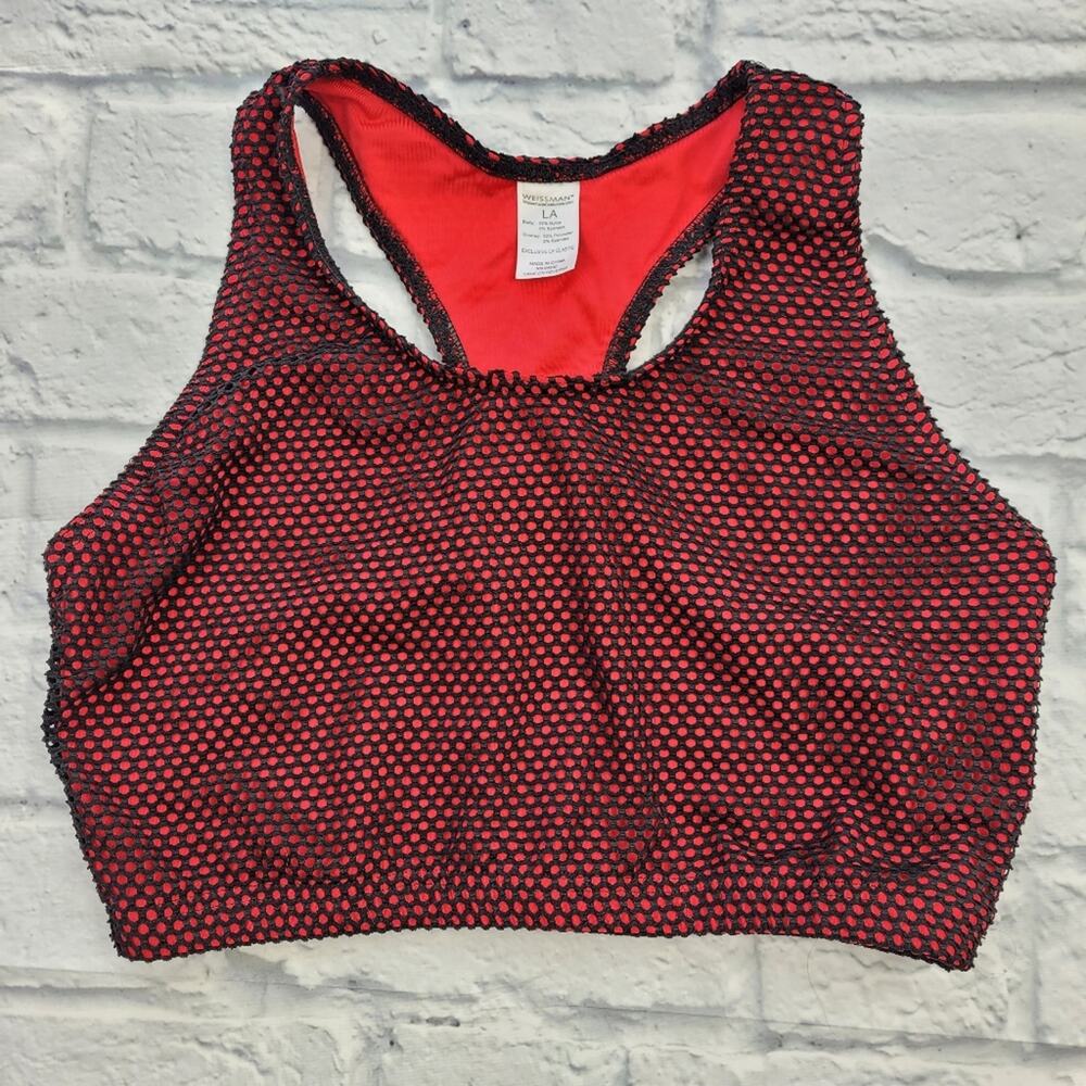 Weissman Costume Bra Crop Top Red w/ Black Mesh Overlay Racerback size Large